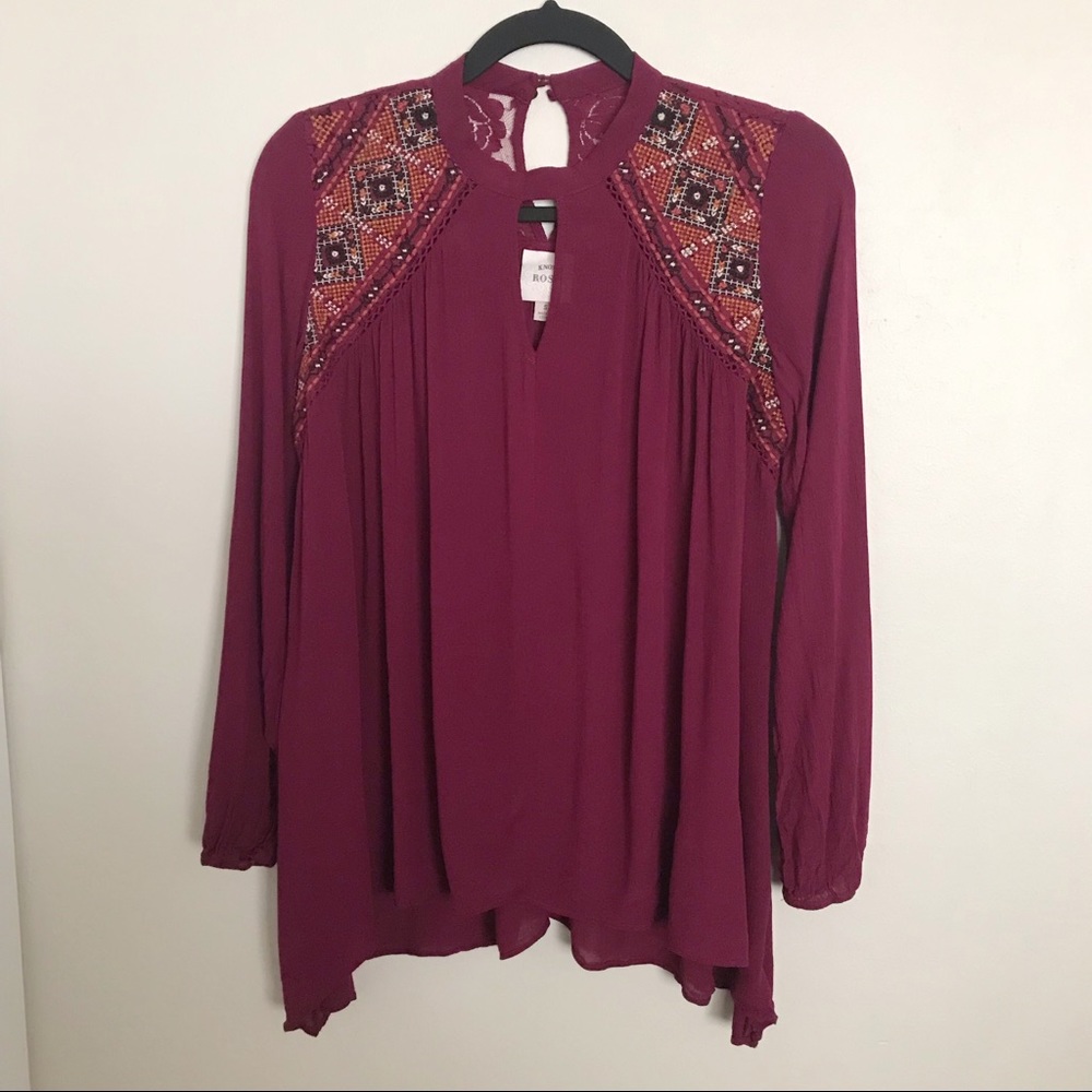 Knox Rose Burgundy Cross Stitch Embroidered Keyhole Blouse Size Small Boho Chic